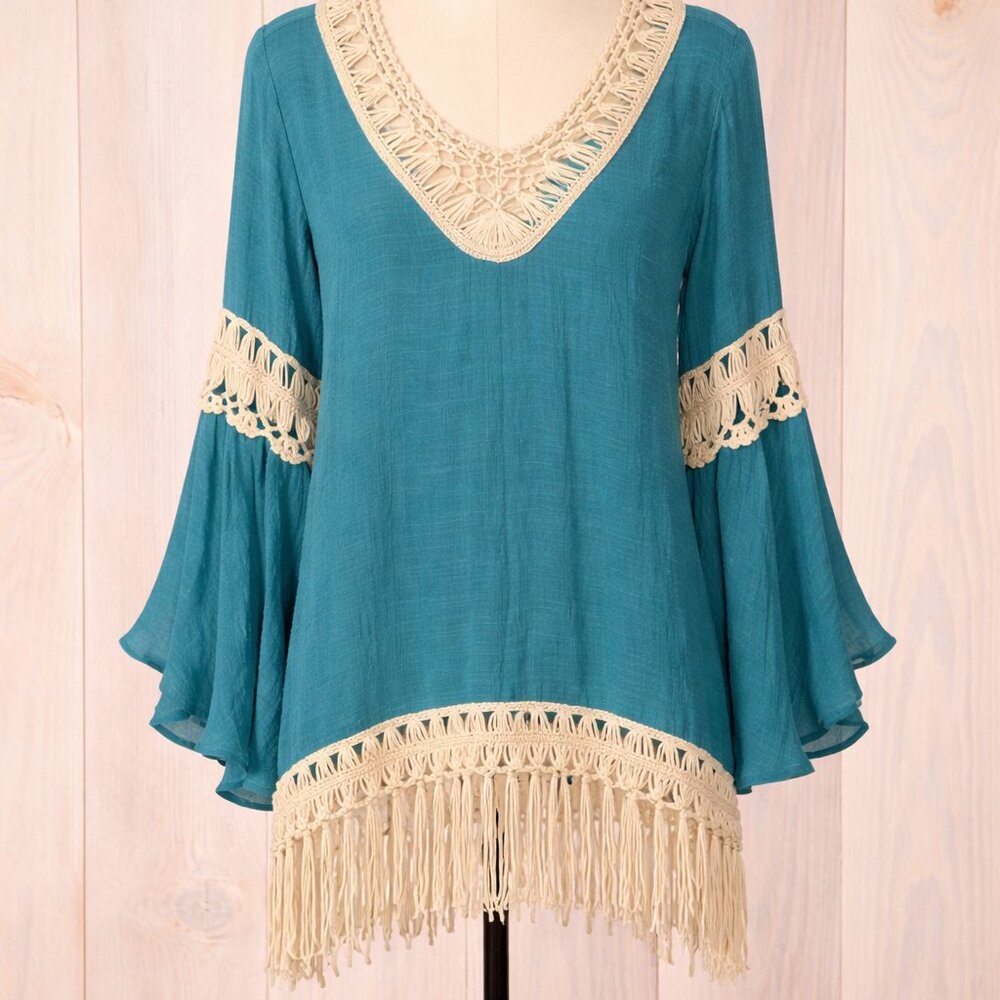 Boho Teal Crochet Lace Fringe Tunic Top | Bell Sleeve | Festival Style